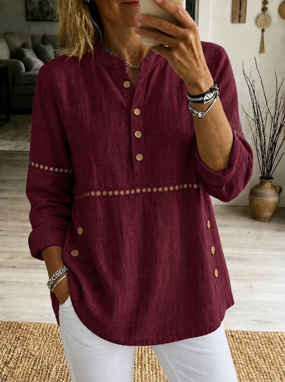 Women Cotton Eyelet Tunic Long Sleeve Side Button Loose Top