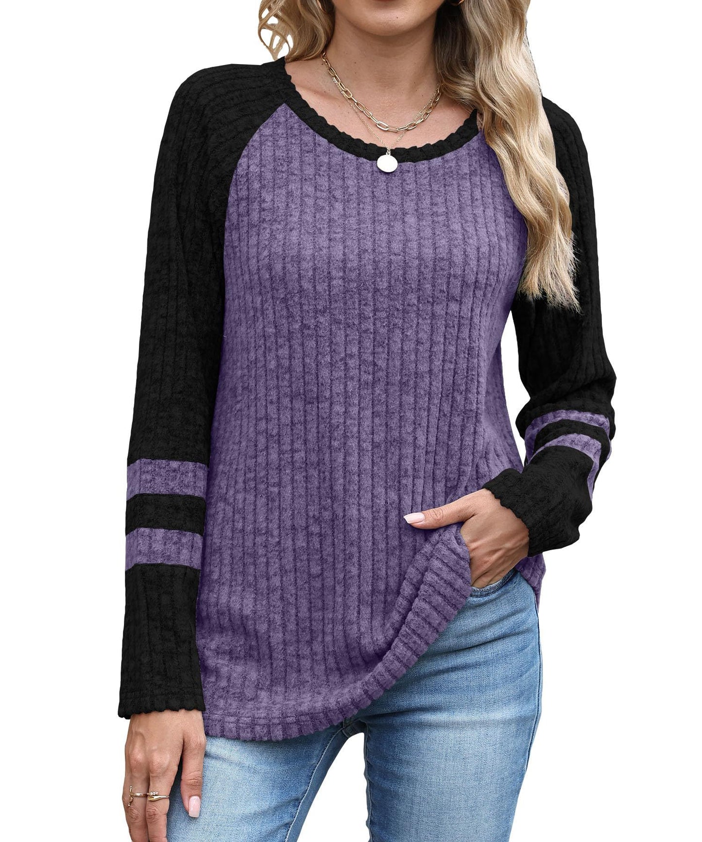Colorblock Ribbed Knit Sweater Women Casual Pullover Top