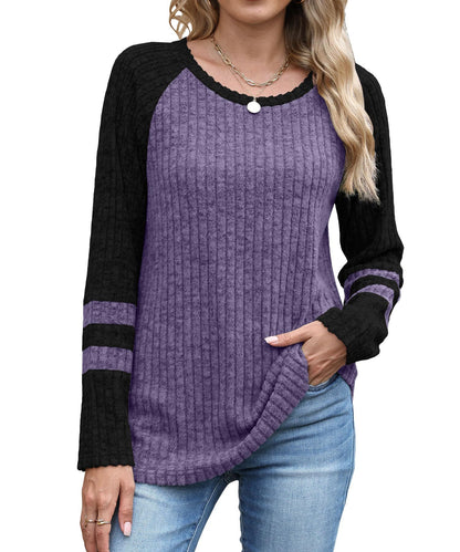 Colorblock Ribbed Knit Sweater Women Casual Pullover Top