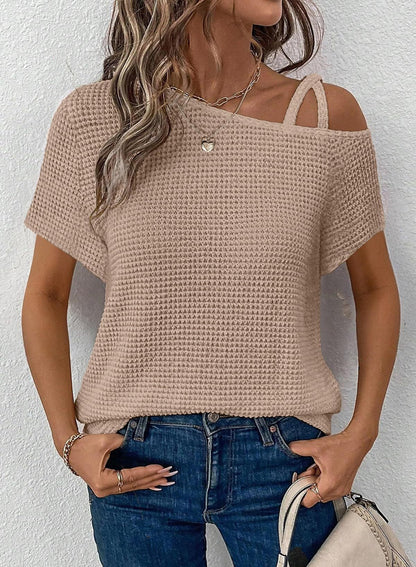 Women's Off-Shoulder Knit Top – Casual Summer Short Sleeve Blouse