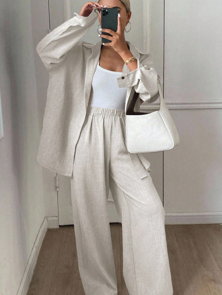 Linen Blend Button Down Shirt Wide Leg Pants Matching Set