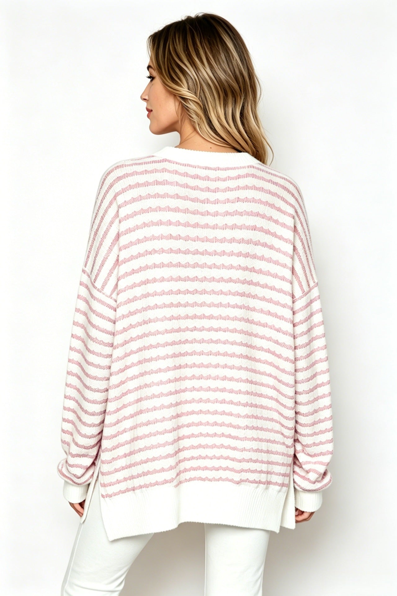 Oversized Stripe Knit Sweater Crew Neck Side Slit Pullover