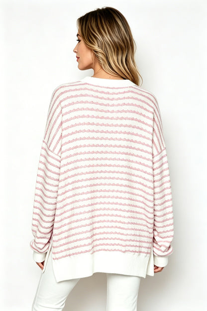 Oversized Stripe Knit Sweater Crew Neck Side Slit Pullover