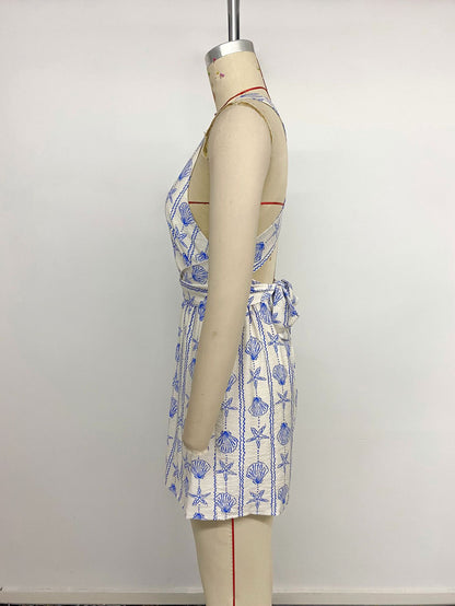 Ocean Print Halter Romper Beach Vacation Jumpsuit
