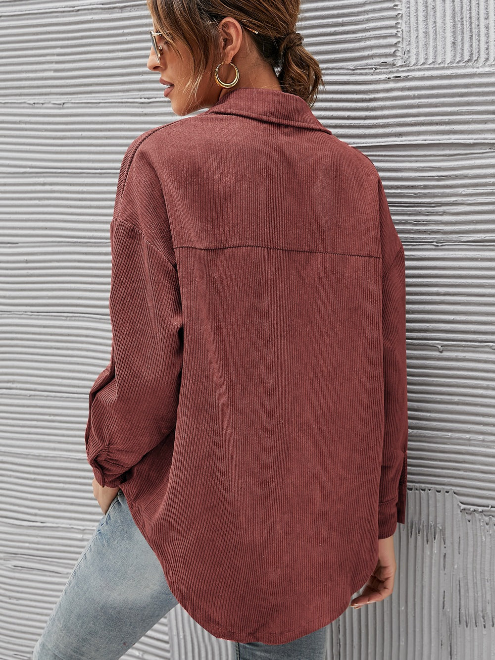 Oversized Corduroy Button-Down Shirt with Chest Pocket