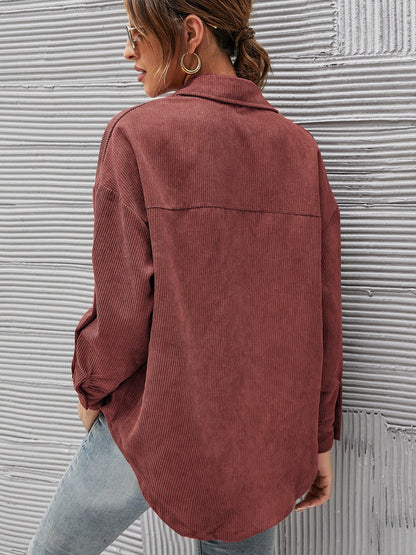 Oversized Corduroy Button-Down Shirt with Chest Pocket