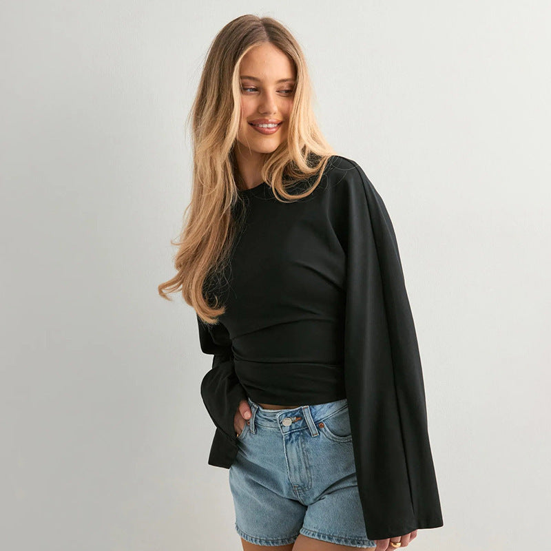 Women's Solid Batwing Long Sleeve Cinched Waist Crop Top