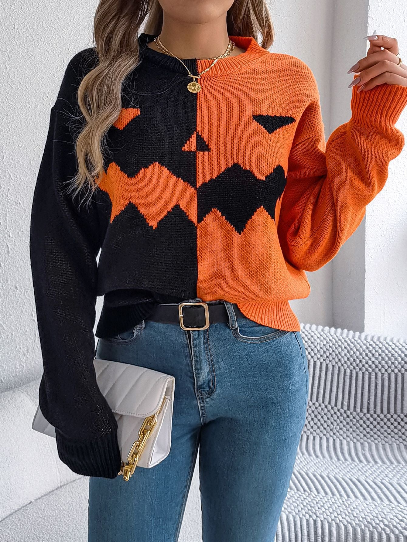 Ghost Pumpkin Colorblock Long Sleeve Sweater for Fall & Halloween