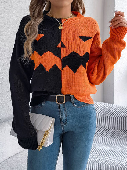 Ghost Pumpkin Colorblock Long Sleeve Sweater for Fall & Halloween