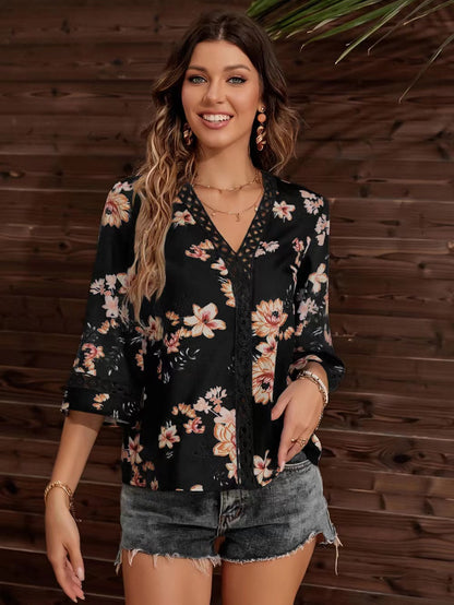 Women's Floral Lace V-Neck Bell Sleeve Boho Summer Blouse