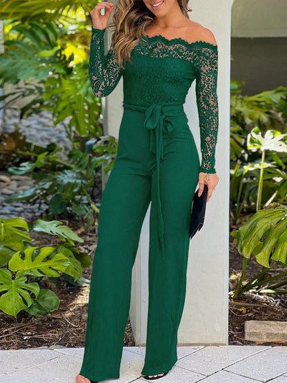 Women's Off Shoulder Lace Long Sleeve Wide Leg Jumpsuit