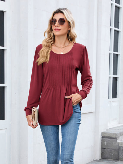 Women's Long Sleeve Pleated Tunic Top Loose Casual Blouse