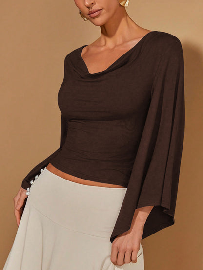Women's Cowl Neck Flare Sleeve Fitted Top