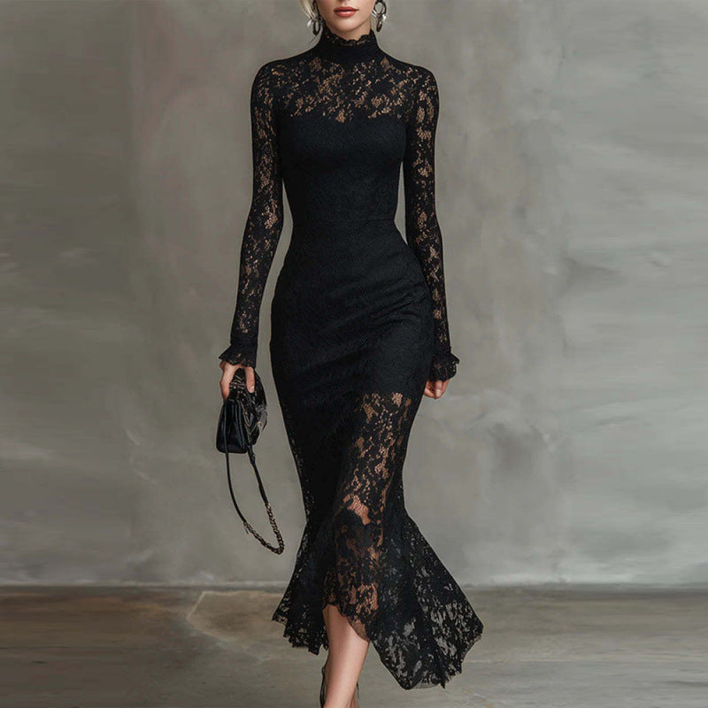 Black Lace Long Sleeve Bodycon Cocktail Maxi Dress