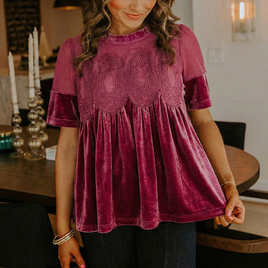 Velvet Top with Lace & Embroidered Trim Gold Velvet Puff Sleeve Blouse