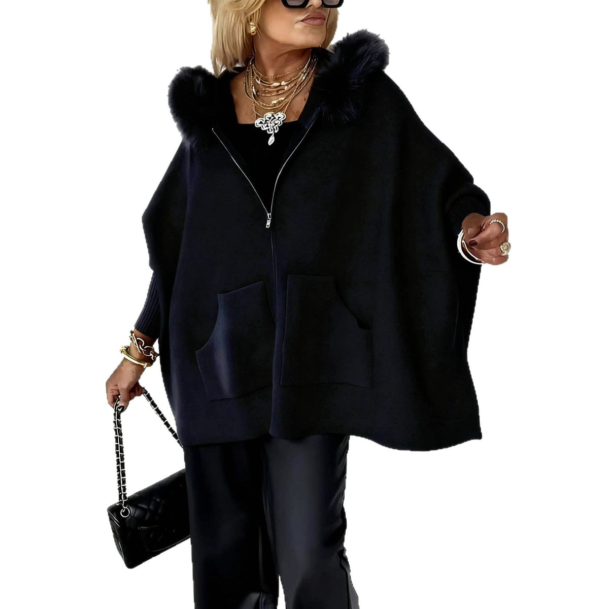 Women's Oversized Faux Fur Collar Zip Up Knit Hooded Jacket