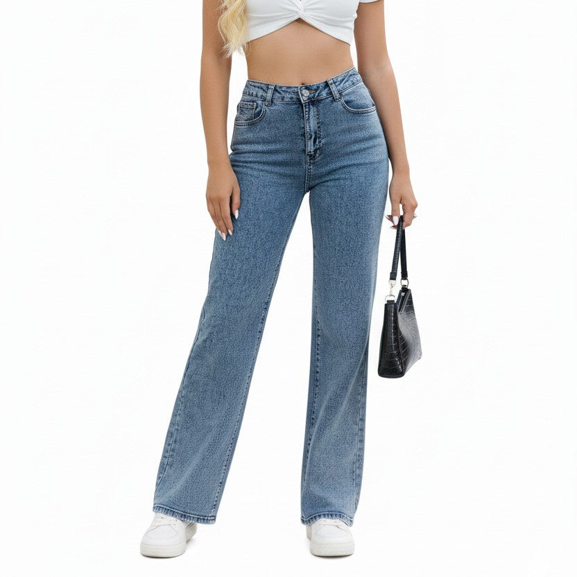 High Waist Vintage Wash Wide Leg Denim Jeans