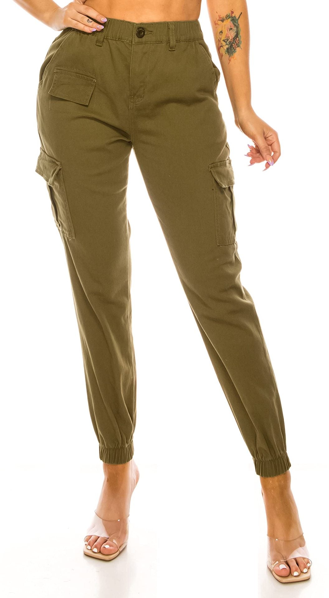 Womens High Waist Cargo Joggers Elastic Waist Pocket Pants