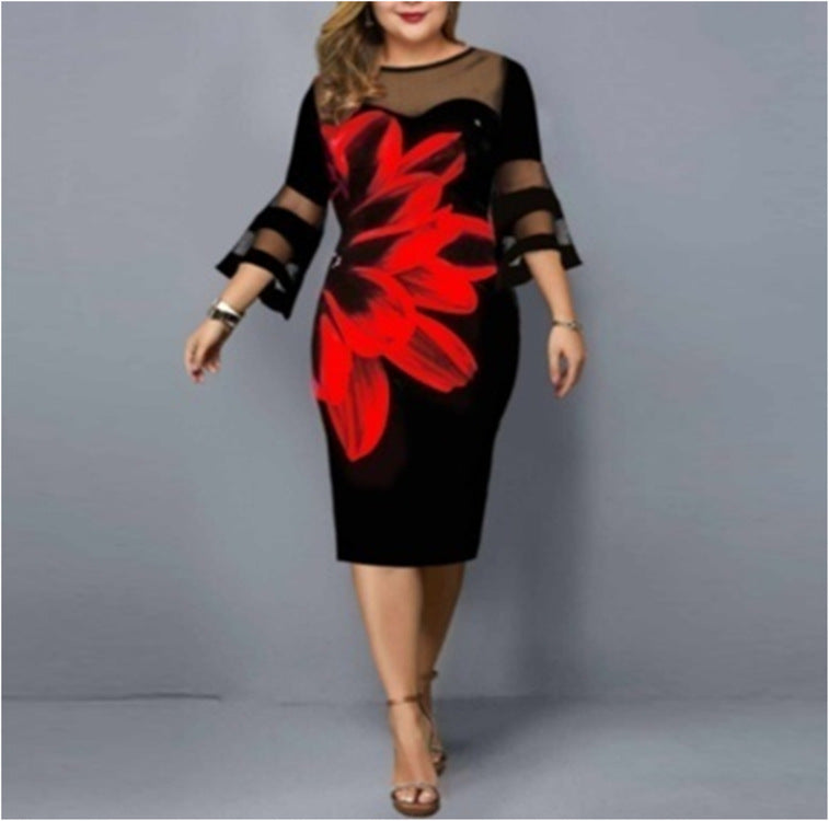 Plus Size Floral Mesh Bell Sleeve Bodycon Midi Dress