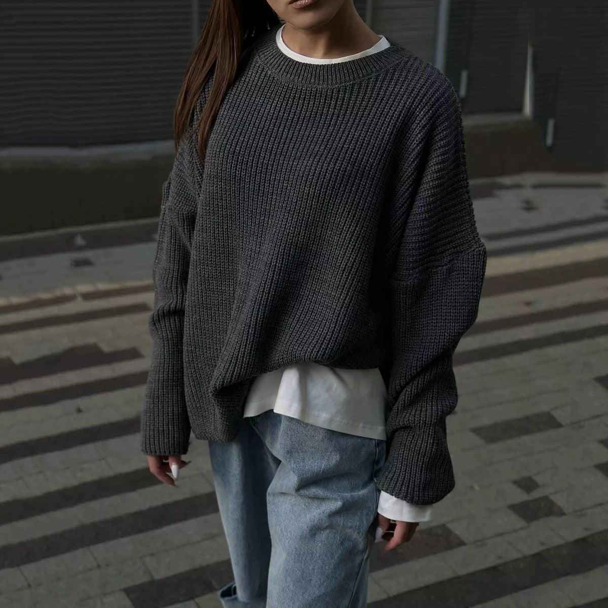 Women's Oversized Crew Neck Knit Sweater Balloon Sleeve