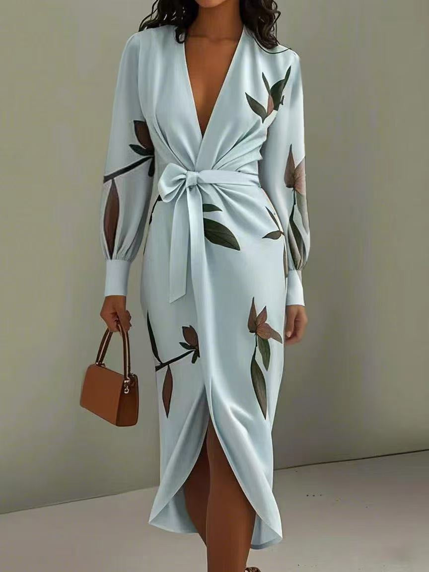 Women's Satin Floral Tie Waist Long Sleeve Midi Dress
