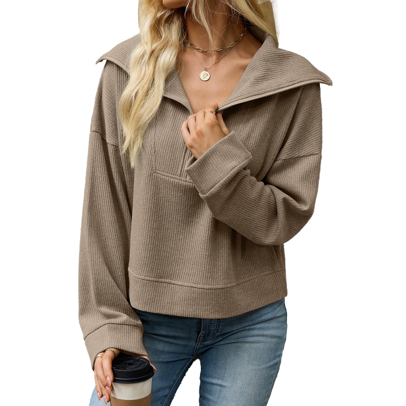 Women's Waffle Knit Half Zip Collared Oversized Sweatshirt
