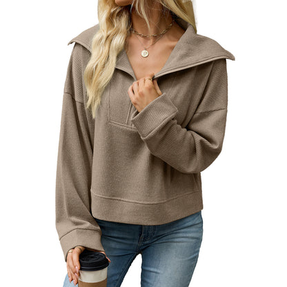 Women's Waffle Knit Half Zip Collared Oversized Sweatshirt