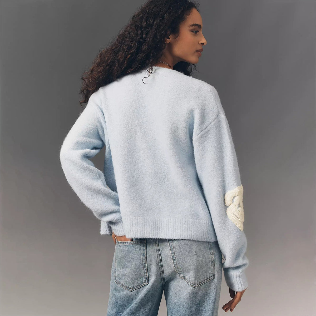 Women's Fuzzy Floral Tie Front Cardigan Light Blue