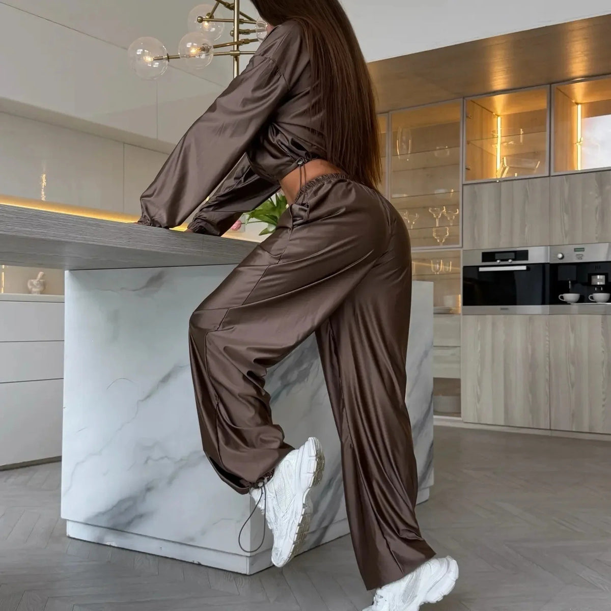 Women's Satin Zip Up Jacket Wide Leg Pants Two Piece Set
