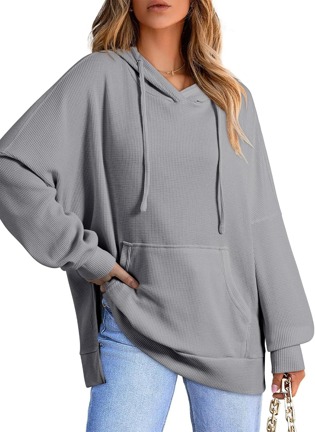 Women's Waffle Knit Hoodie Oversized Side Slit Pocket