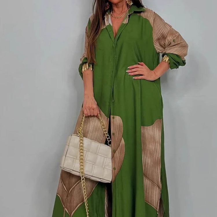 Women Color Block Oversized Shirt Pants Two Piece Set