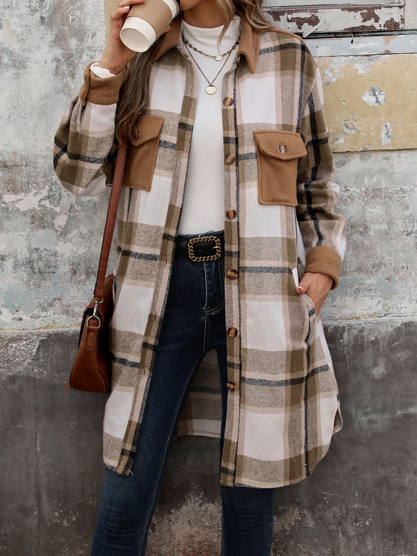 Plaid Shirt Jacket for Women - Long Button Front Coat