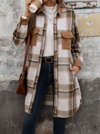 Plaid Shirt Jacket for Women - Long Button Front Coat