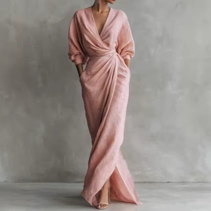 V-Neck Long Sleeve Tie Waist Slit Maxi Dress