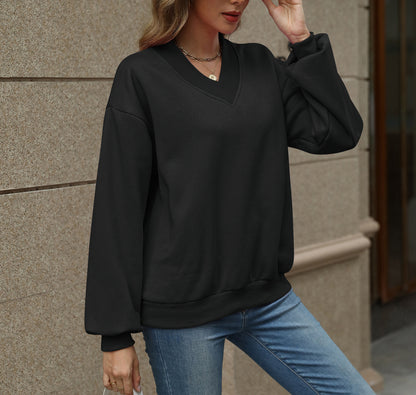 Colorblock V Neck Fleece Sweatshirt Women Casual Pullover Top
