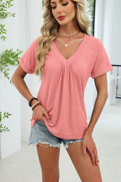 Women's V Neck Pleated Loose Short Sleeve Tunic Tee
