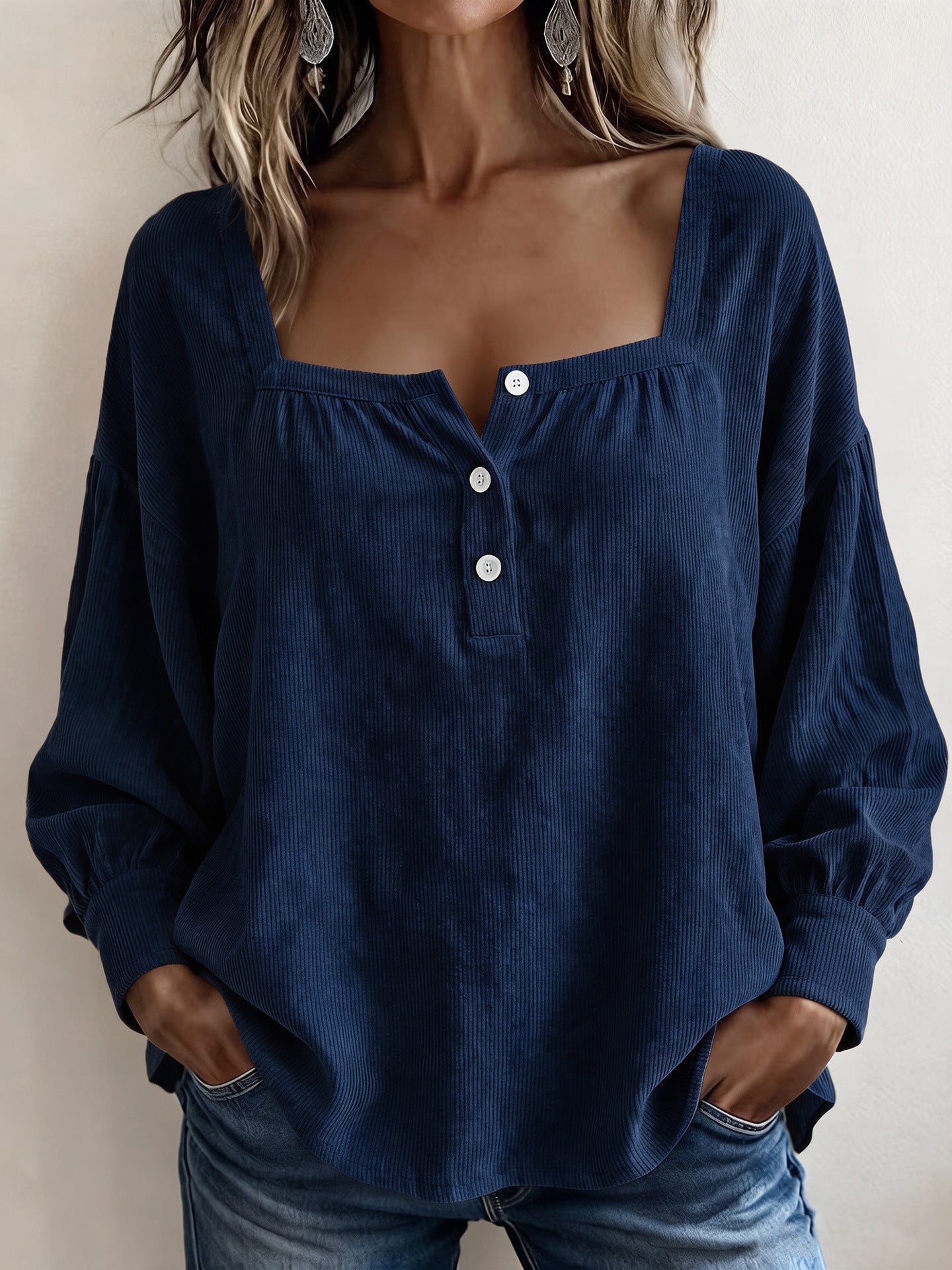 Square Neck Corduroy Top Button Front Long Sleeve Oversized