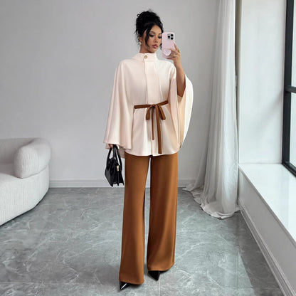 Elegant Belted Cape Top Wide Leg Pants Two Piece Set