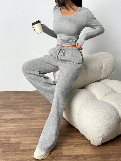 Women's Two Piece Lounge Set Wide Leg Pants Long Sleeve Top