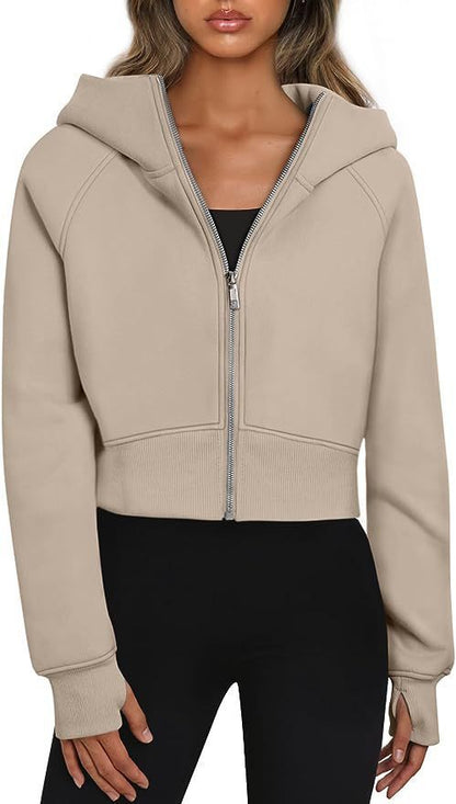 Women's Cropped Zip Up Hoodie Fleece Long Sleeve Jacket