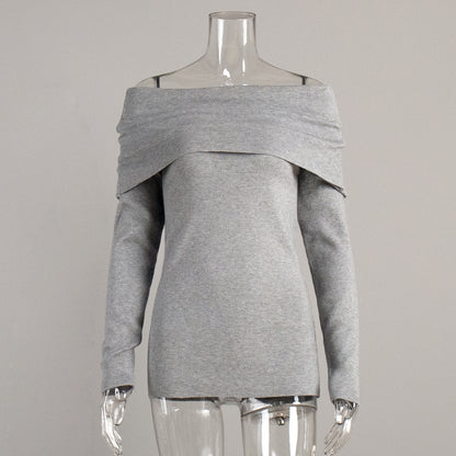 Women's Off Shoulder Draped Knit Fitted Long Sleeve Sweater