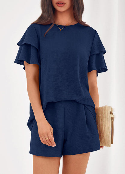 Solid Lounge Set Ruffle Sleeve Top Shorts 2 Piece Set