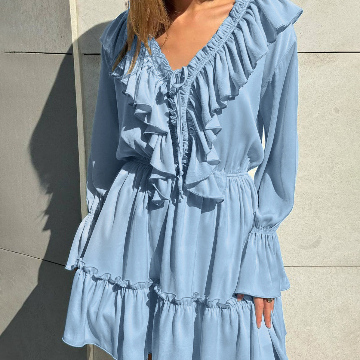 Women's V-Neck Ruffle Bell Sleeve Tie Front Mini Dress