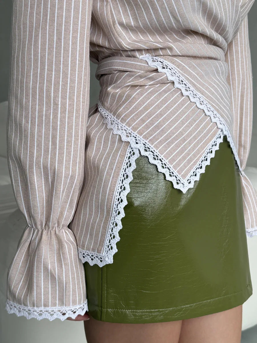 Striped Wrap Shirt with Lace Trim Long Sleeves