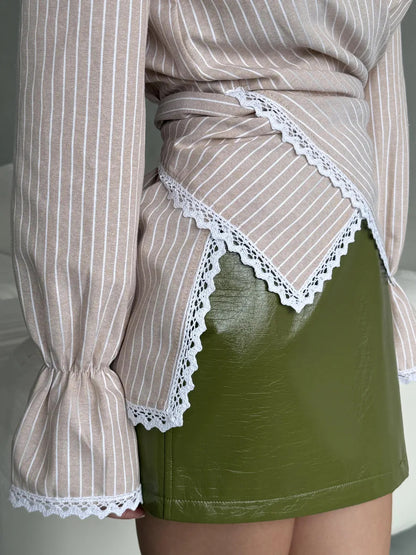 Striped Wrap Shirt with Lace Trim Long Sleeves