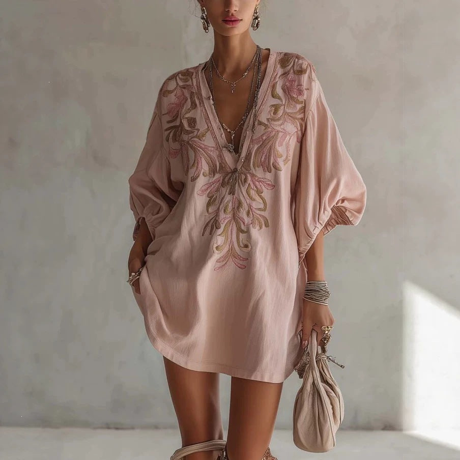 Women's Boho Deep V-Neck Floral Mini Dress with Pockets