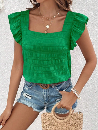 Women’s Square Neck Ruffle Sleeve Smocked Summer Top