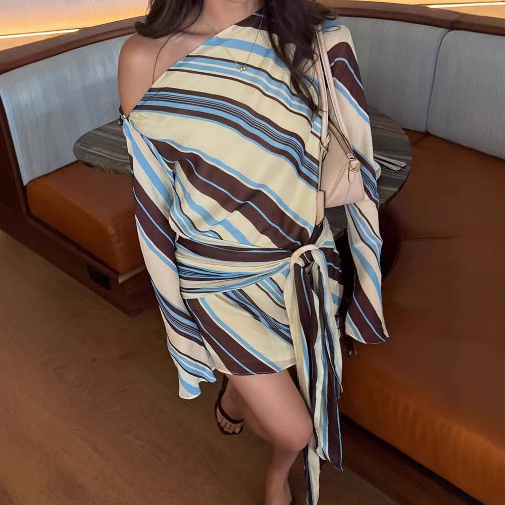 One Shoulder Striped Tie Waist Bodycon Mini Dress
