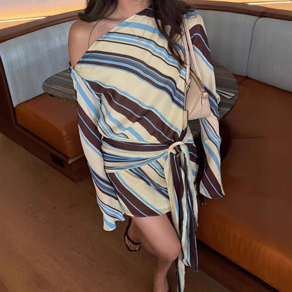 One Shoulder Striped Tie Waist Bodycon Mini Dress