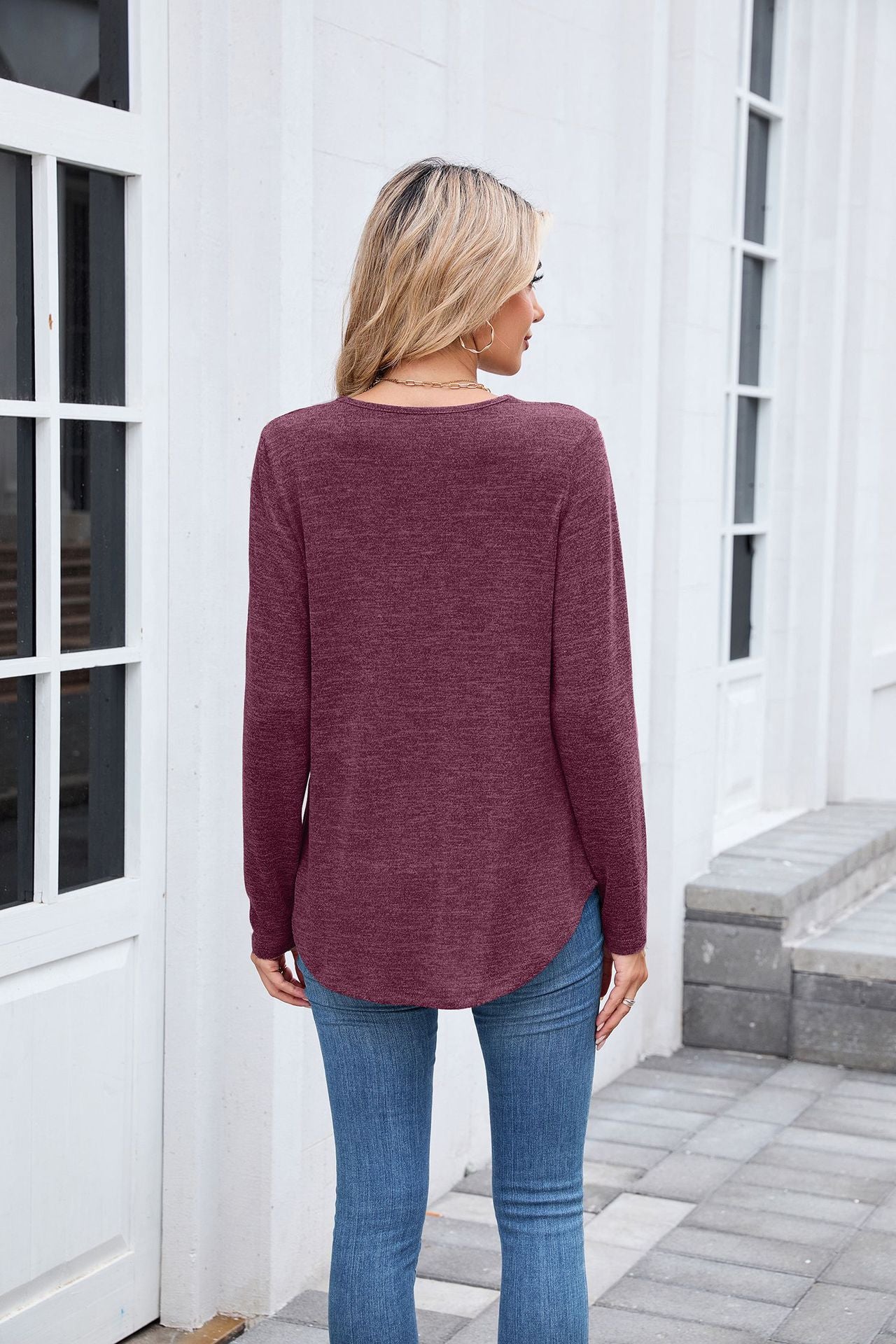 Women's Ruched V Neck Long Sleeve Loose Tunic Top